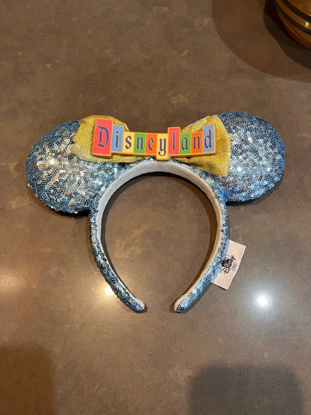 Disneyland Marquee Minnie Ears Blue Sequin Gold Bow Retro Headband